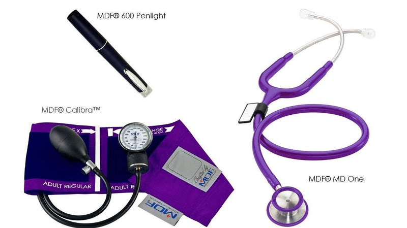 MDF® MD One® Stethoskop, MDF® Calibra® Aneroid Blutdruckmessgerät, MDF® POCKET iLLUMiNATOR™ Berufsdiagnose Penlight - Lila